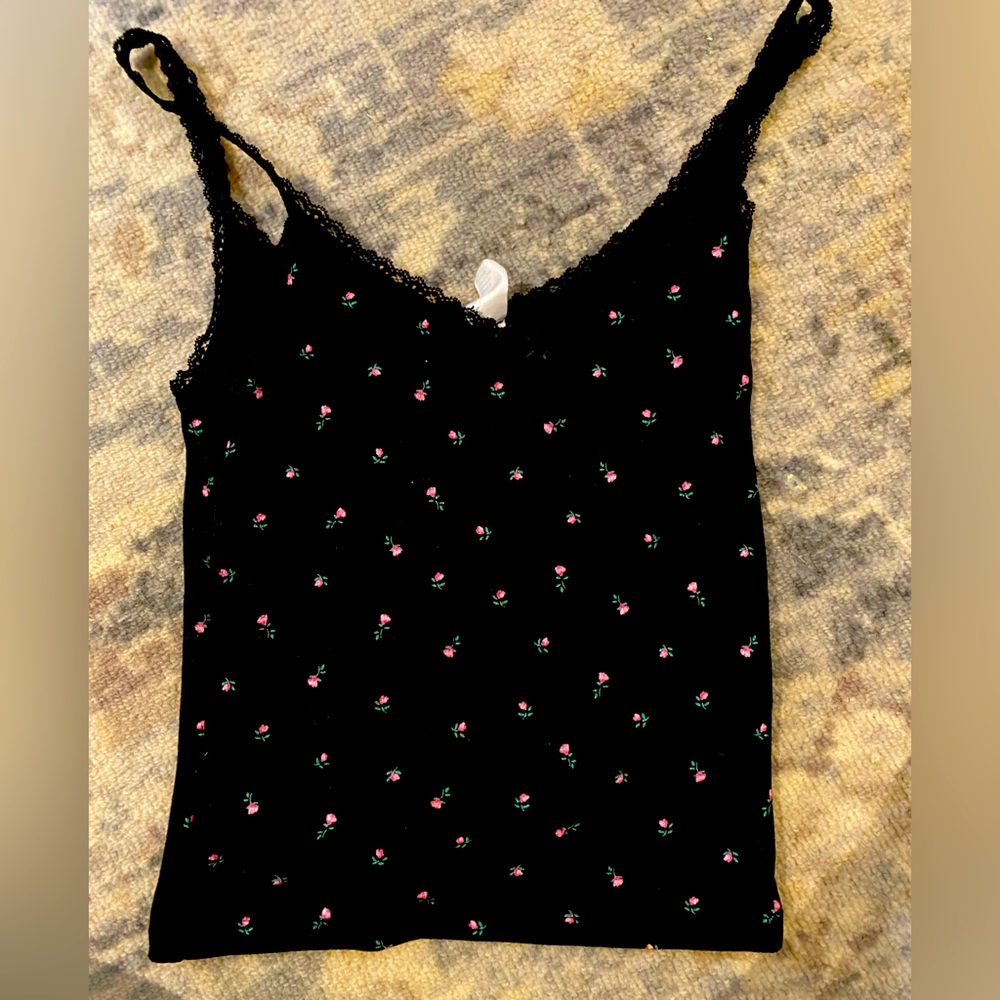 Floral Black Lace Trim Cami Top with bow